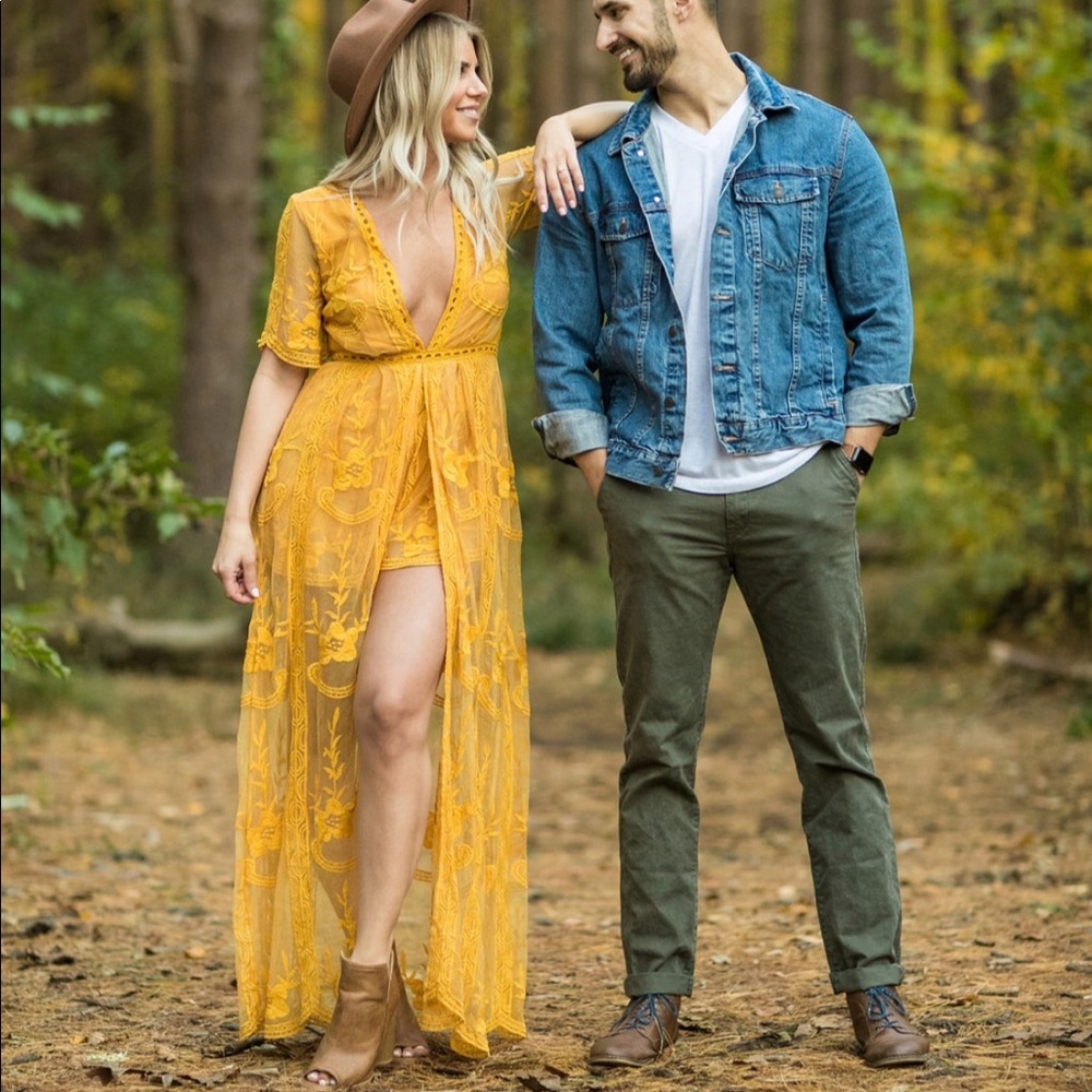 Mustard lace romper maxi